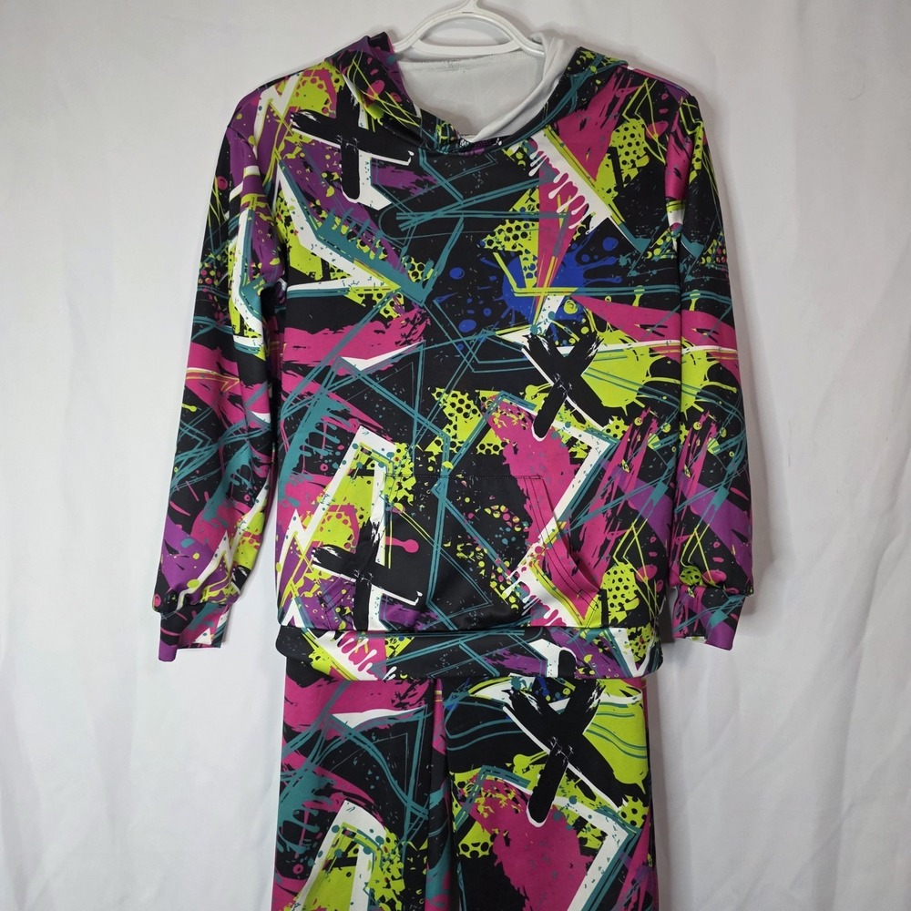 Youth Abstract Neon Hoodie Jogger Set Graffiti Print 80s 90s Retro‎ Vibe